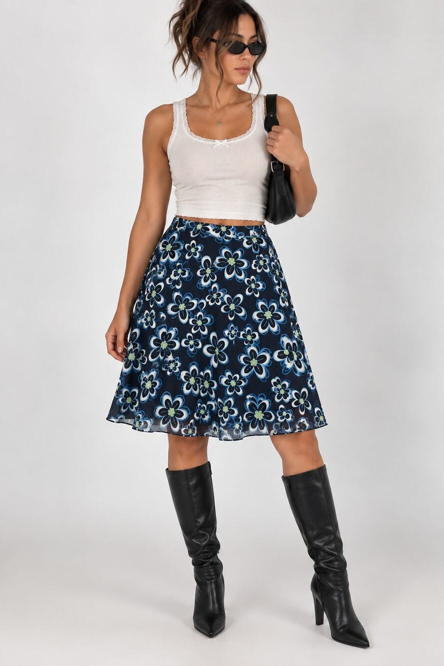 Y2K Floral Chiffon Midi Skirt Womens L 12 14 Navy Blue A Line Fairy Grunge